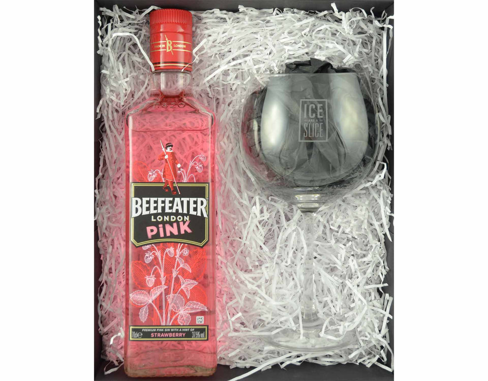 70cl bottle of Beefeater Pink Gin presented in a black magnetic gift box surrounded in white shred with an Ice and a Slice branded balloon glass