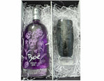 70cl bottle of Boe Violet Gin with an Ice and a Slice branded hiball glass, nestled in white shred and presented in a black gift box. 